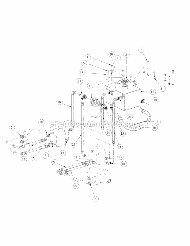 Hydro Tank And Hose Assembly Diagram and Parts List for M60-KW 53BB5D8X750-25HP-OHV Cub Cadet Lawn Tractor